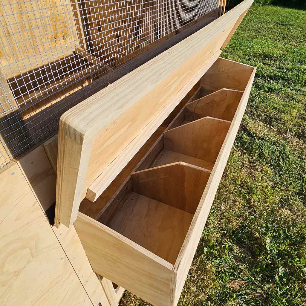 Appletons Timber Batten Walk-In Hen House four nest boxes in one external access laying box for easy egg collection