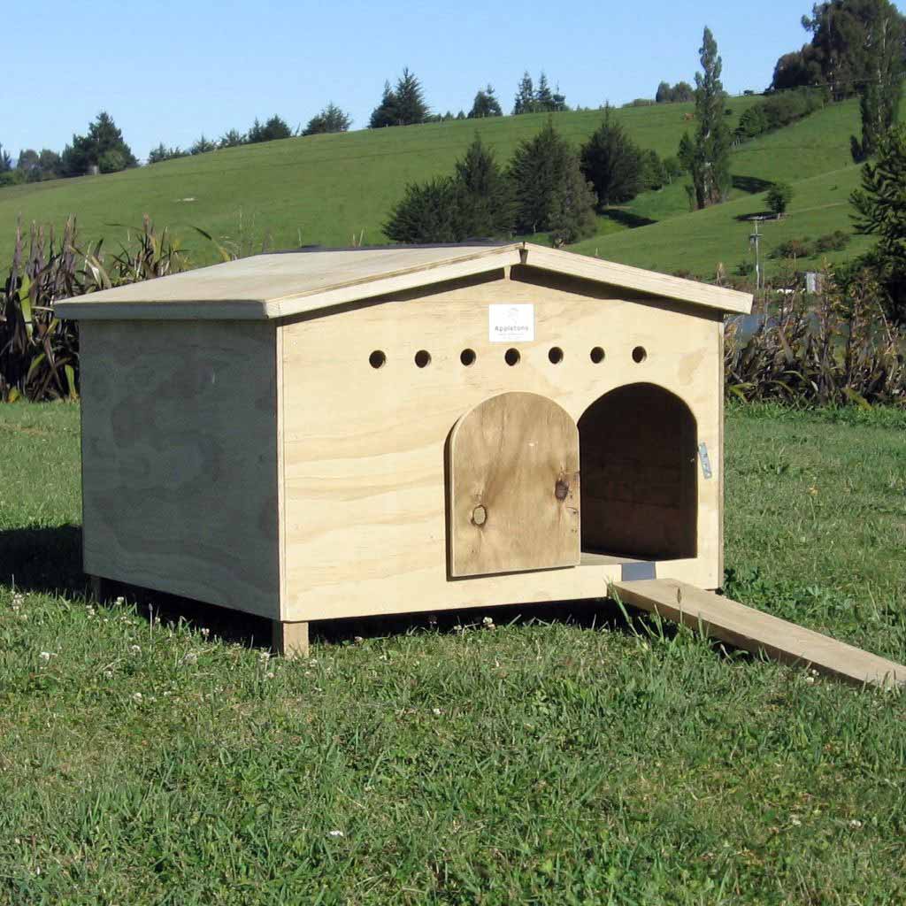 Appletons duck and goose raised timber houses with apex styled hinged lift up lid roof and supplied ramp