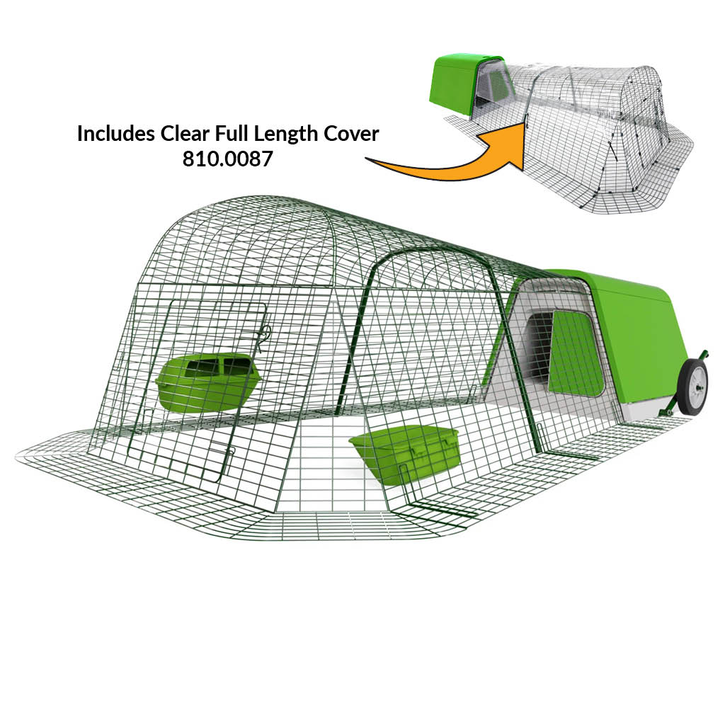 Green Eglu Go Chicken Coop with 2m Run plus wheels and clear full length cover 810-0087
