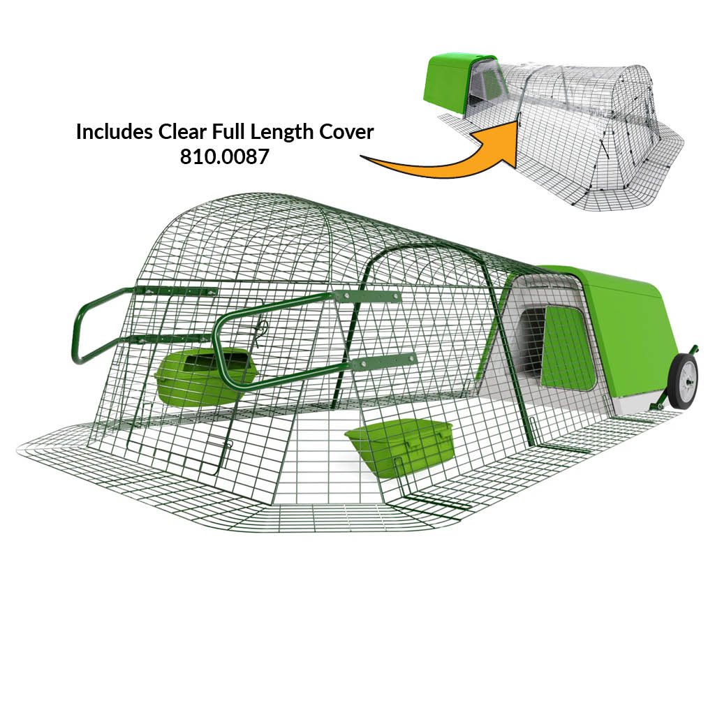 Green Eglu Go Chicken Coop with 2m Run plus wheels and handles and clear full length cover 810-0087