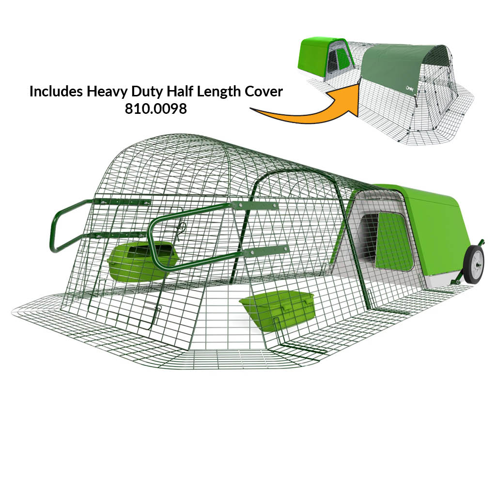 Green Eglu Go Chicken Coop with 2m Run plus wheels and handles and heavy duty half length cover 810-0098