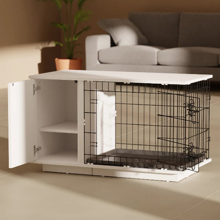 White pet crate with black wire interior in a living room setting