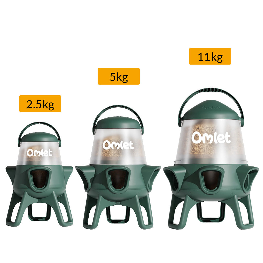 Omlet no waste chicken feeders are now available in 3 sizes 2.5kg, 5kg and 11kg