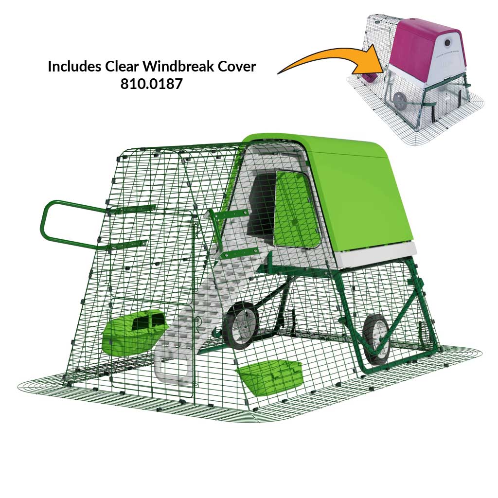 Green Eglu Go UP Coop 2m run Wheels Handles Clear windbreak cover 810-0187
