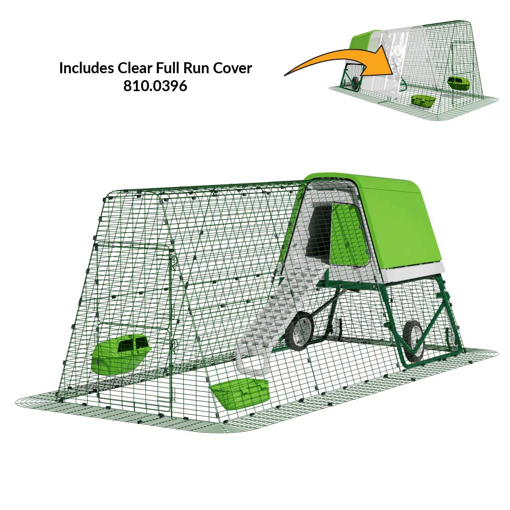 Green Eglu Go UP Coop 3m run Wheels Clear full run cover 810-0396