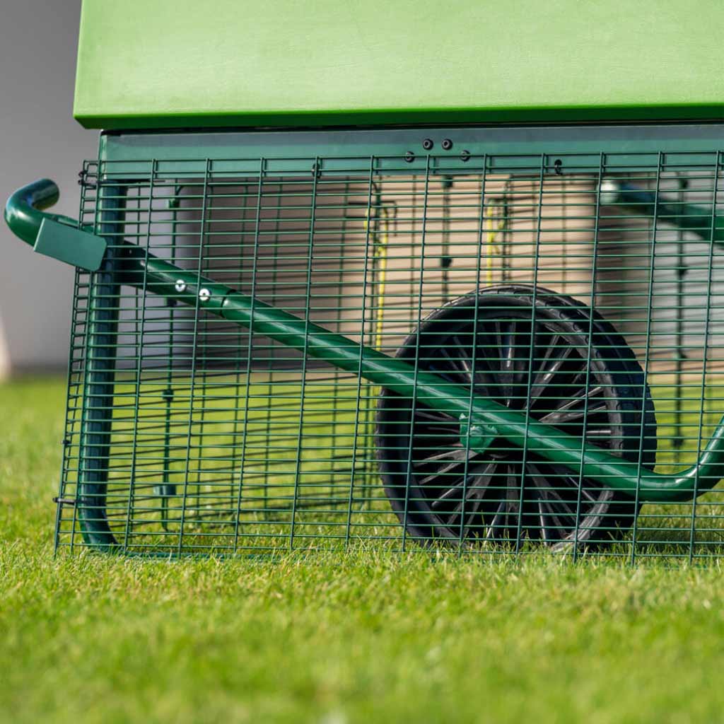 Tall, wide, sturdy wheels mean the Eglu Pro is made to manoeuvre