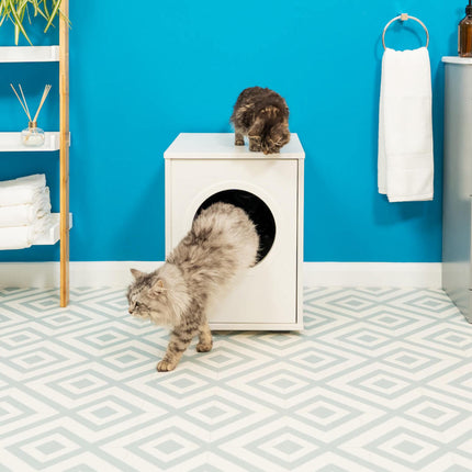 Maya Enclosed Cat Litter Box is a side entry cat litter box furniture solution, with easy walk in access, perfect for elderly or less agile cats