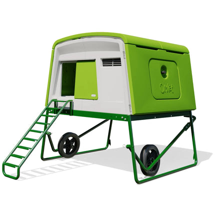 Green Eglu Cube coop, frame, ladder, wheels