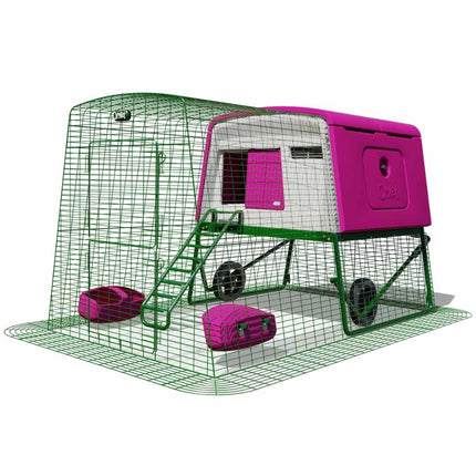 Purple Eglu Cube coop, frame, ladder, wheels, 2m run 