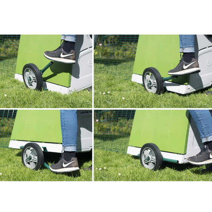 To move your Eglu Go simply use the levers to engage the wheels and raise or lower the house from the ground