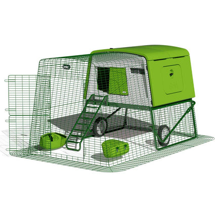 Green Eglu Cube coop, frame, ladder, wheels, 2m run