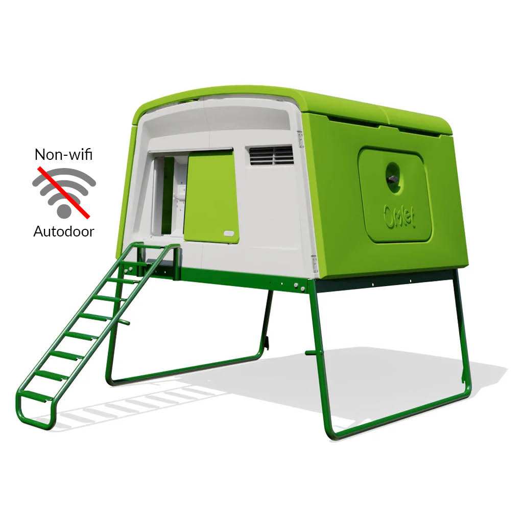 Green Eglu Cube chicken coop with non-wifi Autodoor