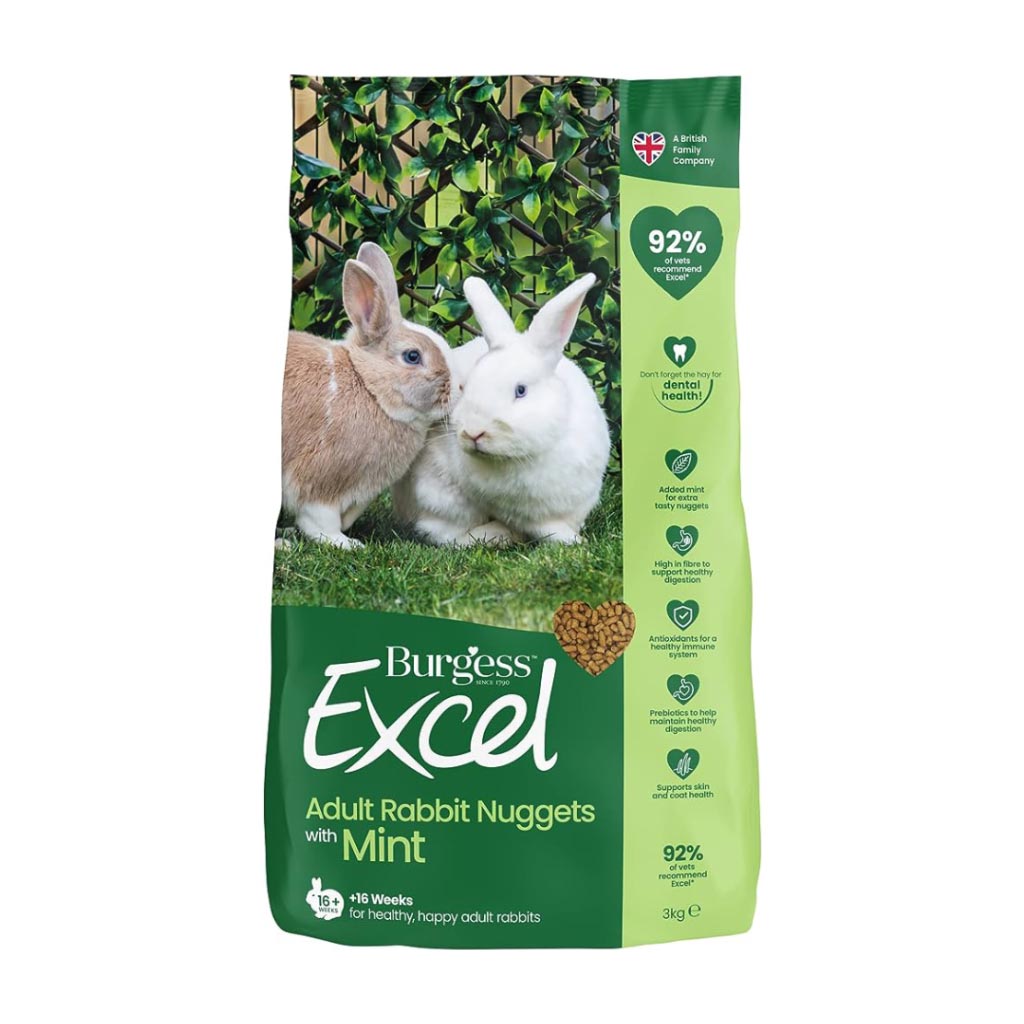Excel Adult Rabbit Nuggets Mint 3kg Burgess. Suitable for all adult rabbits from 4 months to 5 years old