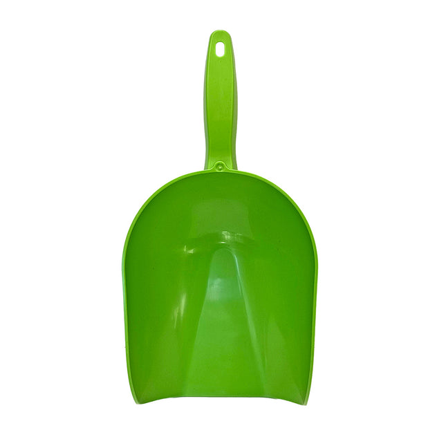 Lime green flat bottomed plastic scoop with long handle