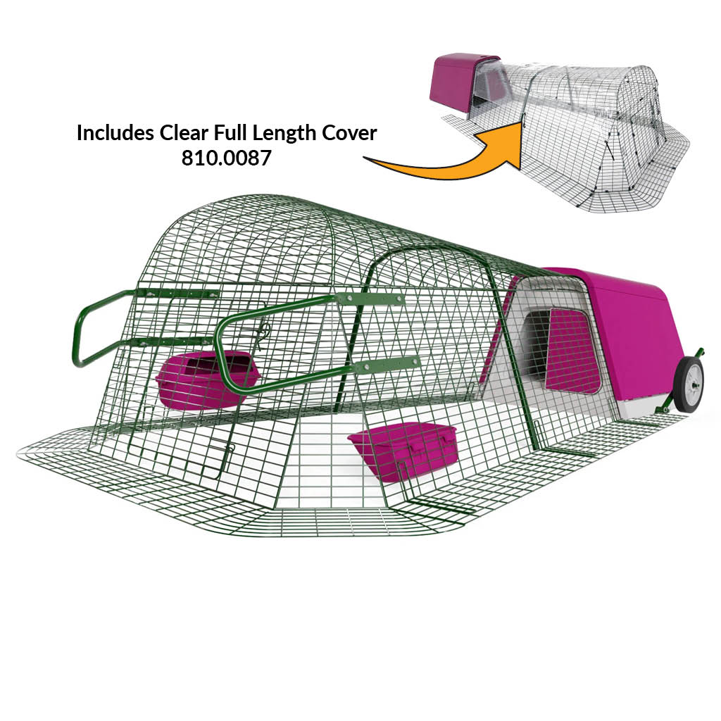 Purple Eglu Go Chicken Coop with 2m Run plus wheels and handles and clear full length cover 810-0087