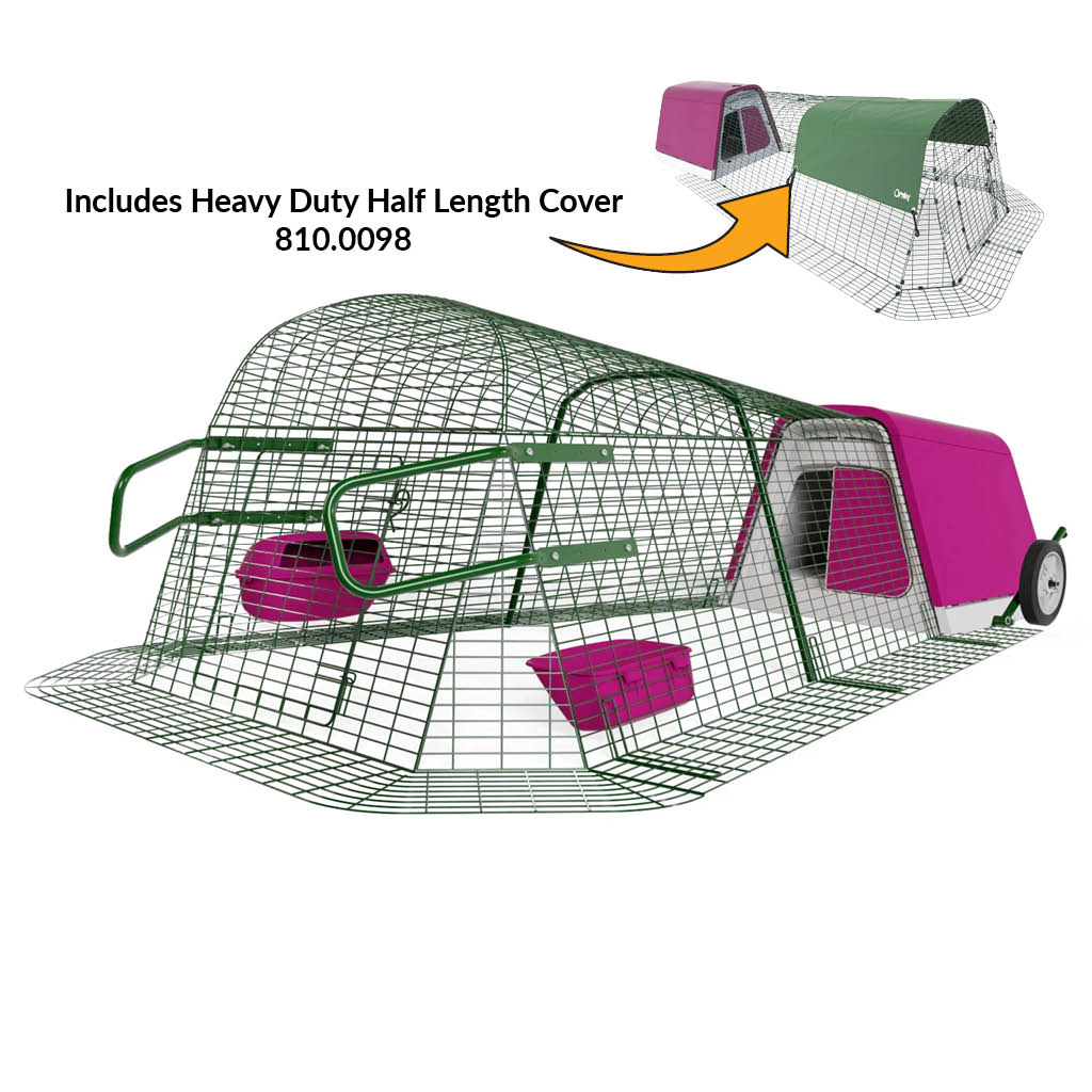 Purple Eglu Go Chicken Coop with 2m Run plus wheels and handles and heavy duty half length cover 810-0098