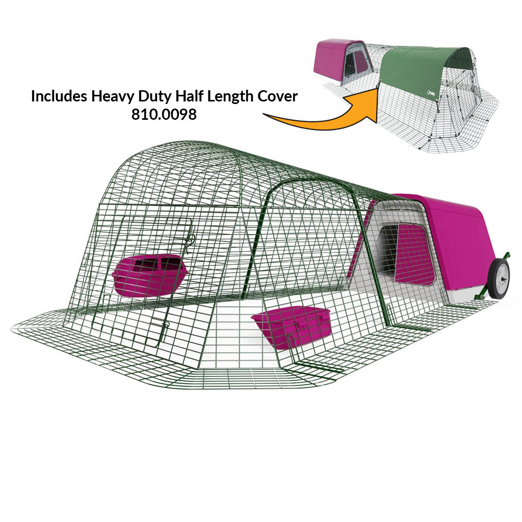 Purple Eglu Go Chicken Coop with 2m Run plus wheels and heavy duty half length cover 810-0098