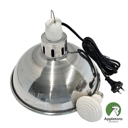 Economical small radiant heat lamp set with 30cm diameter reflector and ceramic heat emitter included