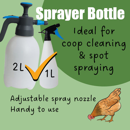 Sprayer bottle with adjustable spray nozzle available in 1L and 2L ideal for coop cleaning and spot spraying