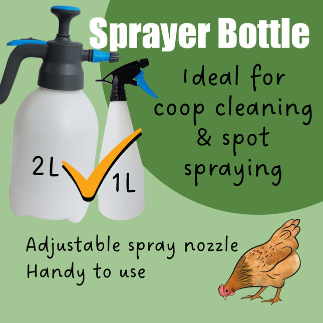 Sprayer bottle with adjustable spray nozzle available in 1L and 2L ideal for coop cleaning and spot spraying