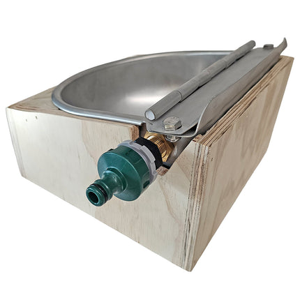 Supreme stainless bowl drinker with heavy-duty brass float mounted in timber box