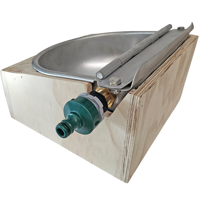 Supreme stainless bowl drinker with heavy-duty brass float mounted in timber box