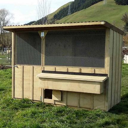 Appletons timber batten detail walk-in hen house with external access to the laying box for easy egg collection