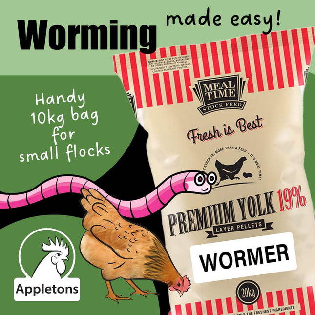 Worming made easy with Meal Time Fresh premium yolk + wormer pellets