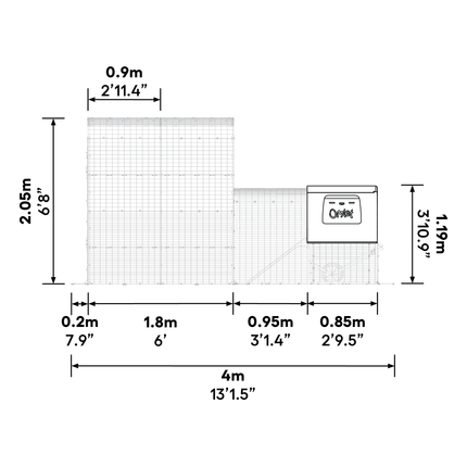 Dimensions of the Eglu Cube MK1 Chicken Coop connected to a Walk-in Chicken Run Size B