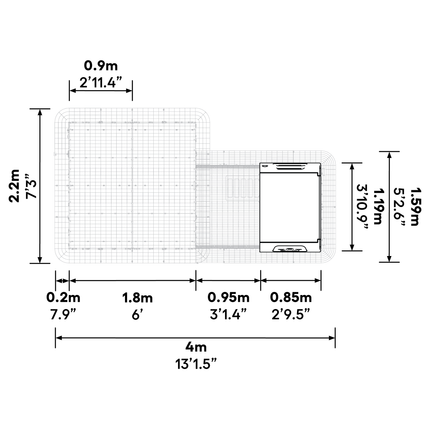 Dimensions of the Eglu Cube MK1 Chicken Coop connected to a Walk-in Chicken Run Size B