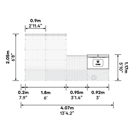 Dimensions of the Eglu Cube MK2 Chicken Coop connected to a Walk-in Chicken Run Size B
