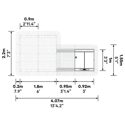 Dimensions of the Eglu Cube MK2 Chicken Coop connected to a Walk-in Chicken Run Size B