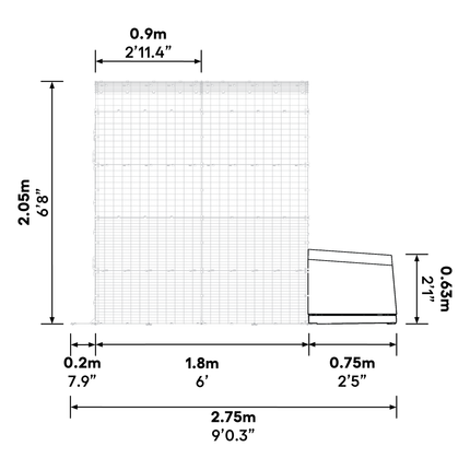 Dimensions of the Eglu Go House connected to a Walk-in Chicken Run Size B