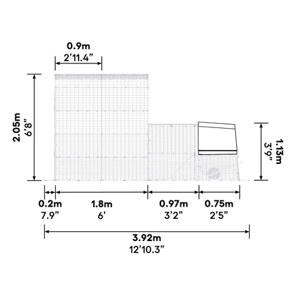 Dimensions of the Eglu Go Up Chicken Coop connected to a Walk-in Chicken Run Size B