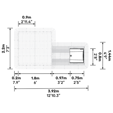 Dimensions of the Eglu Go Up Chicken Coop connected to a Walk-in Chicken Run Size B