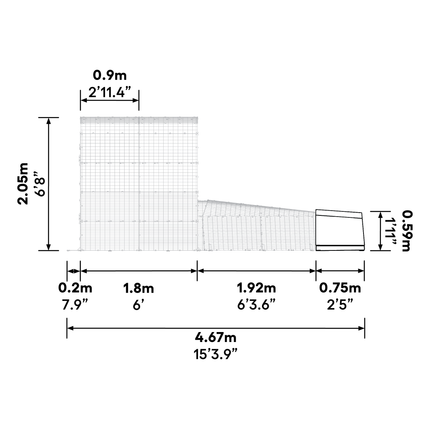 Dimensions for the Eglu Go 2m Run Connection Kit to a Walk-in Chicken Run