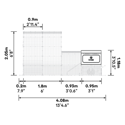 Dimensions of the Eglu Pro with 2m run Chicken Coop connected to a Walk-in Chicken Run Size B