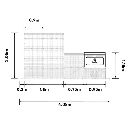 Dimensions of the Eglu Pro with 2m run Chicken Coop connected to a Walk-in Chicken Run Size B