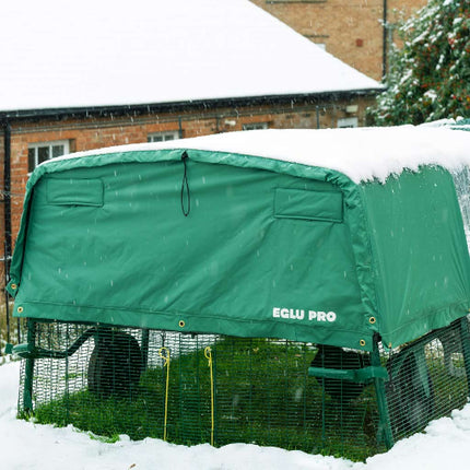 Extreme temperature jacket and Eglu Pro chicken coop pictured in the snow