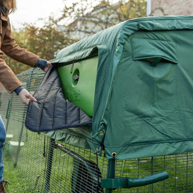 Extreme temperature jacket Eglu Pro chicken coop weather protection  easy egg port access 