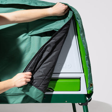 Extreme temperature jacket for Eglu Pro chicken coop with easy access to rear panel and all three trays