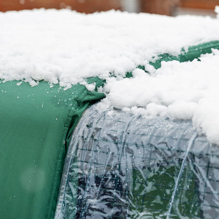 Extreme Temperature Jacket on the Eglu Pro chicken coop with an Omlet clear cover over the run