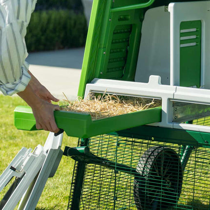 Eglu pro extra large chicken coop has an easy to remove nesting box tray