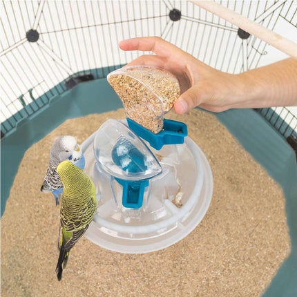 Geo bird cage integrated feeder drinker