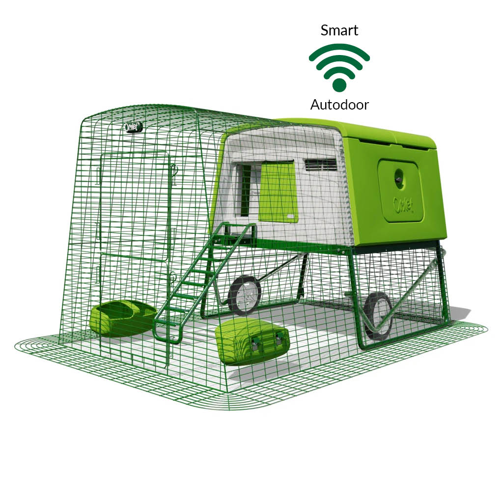 Green Eglu Cube chicken coop with wheels and Smart Autodoor plus 2m run