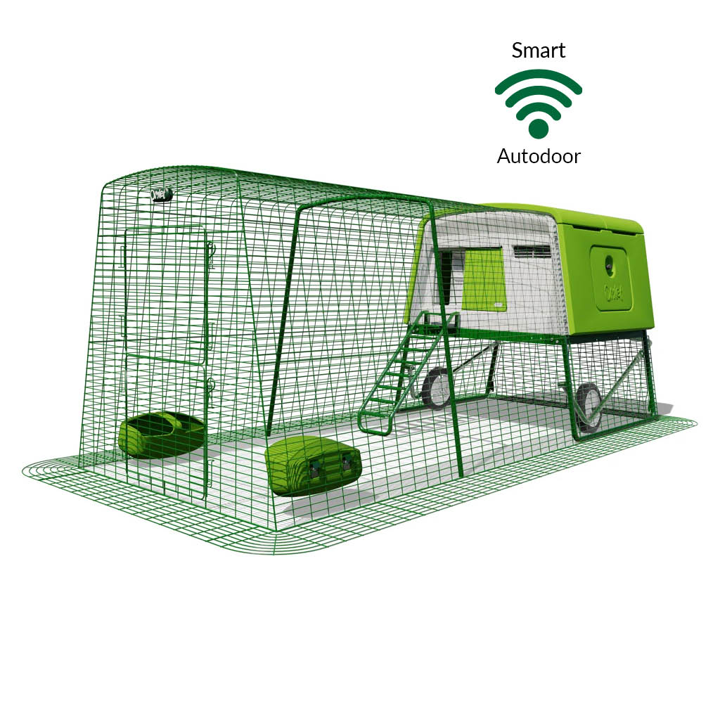 Green Eglu Cube chicken coop with wheels and Smart Autodoor plus 3m run