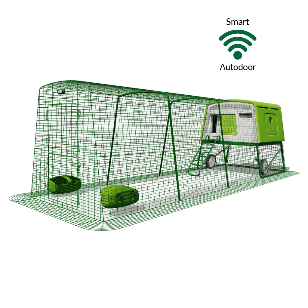 Green Eglu Cube chicken coop with wheels and Smart Autodoor plus 4m run