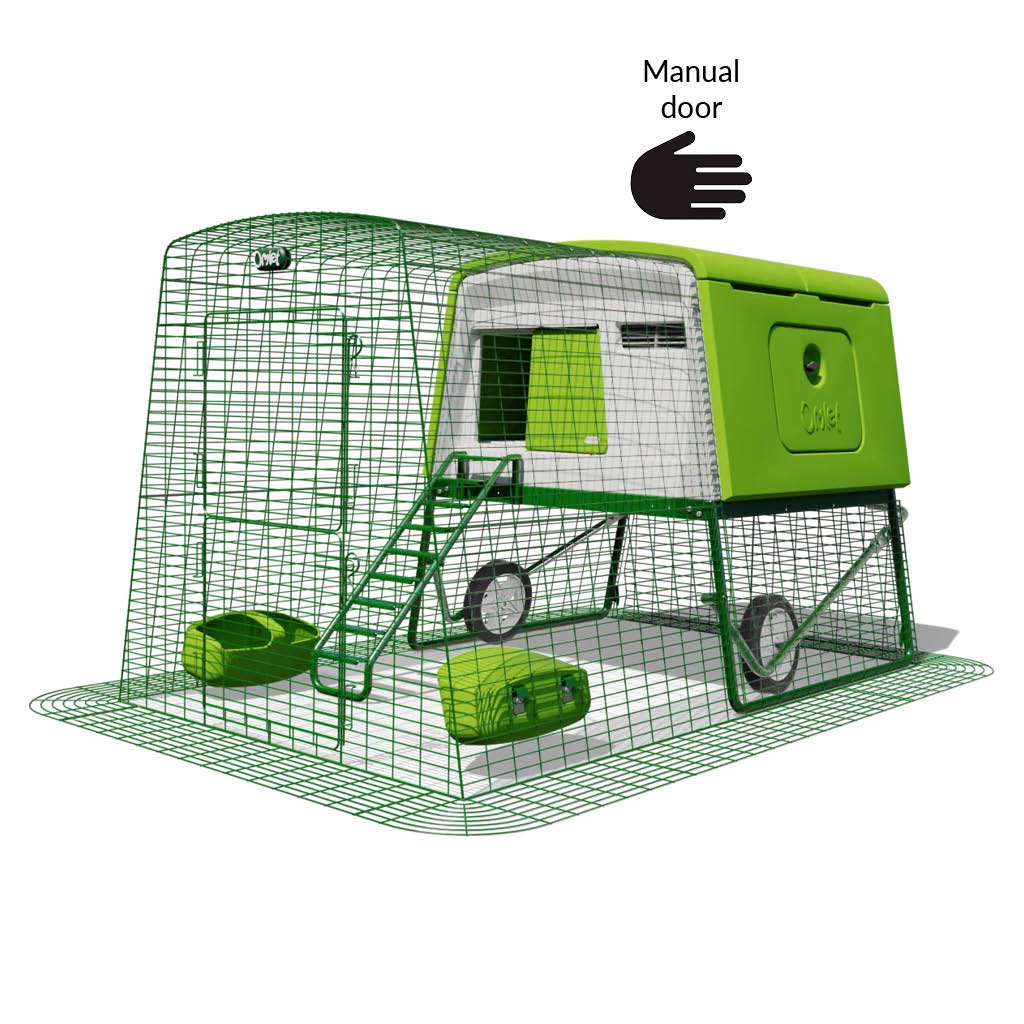 Green Eglu Cube chicken coop with wheels and manual door plus 2m run
