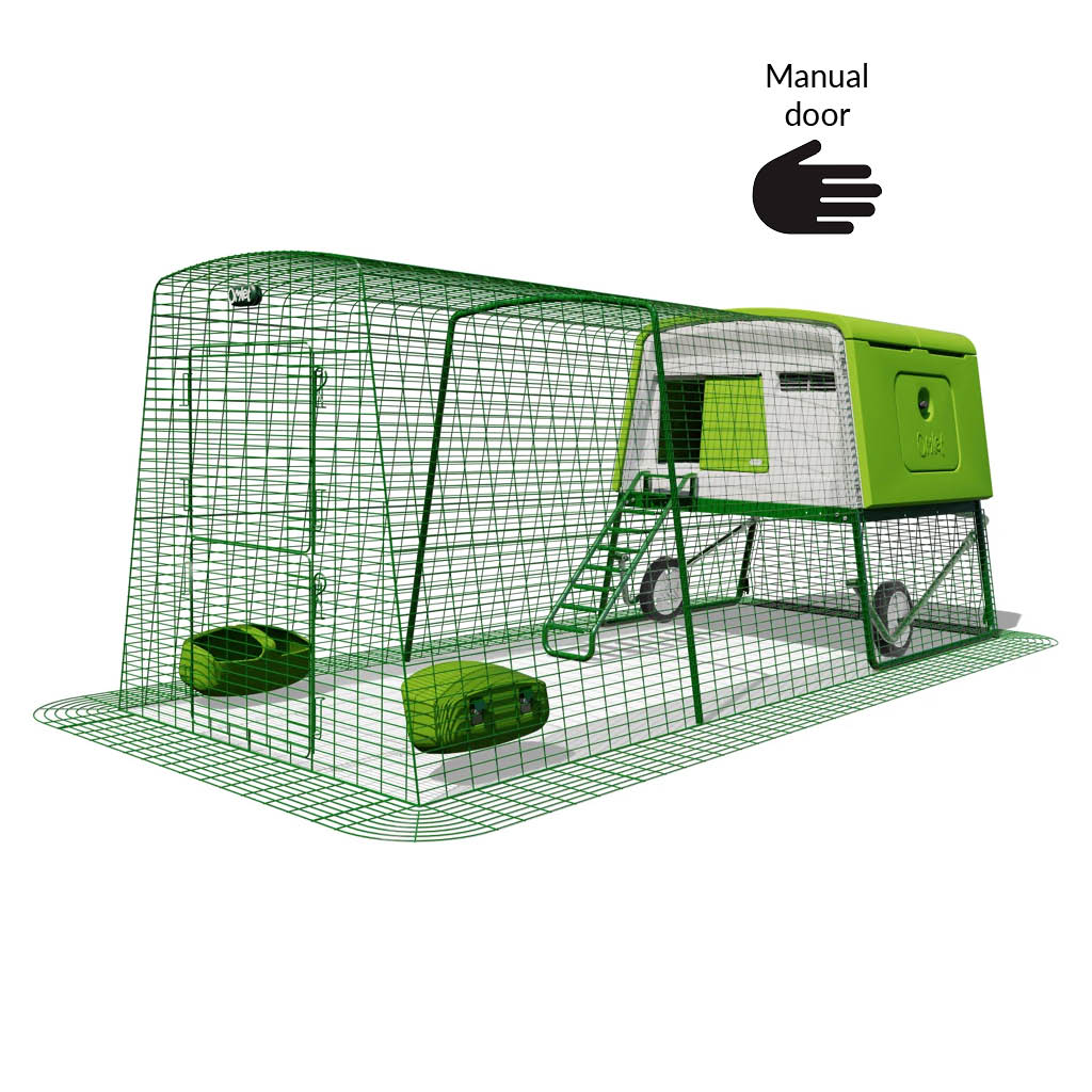 Green Eglu Cube chicken coop with wheels and manual door plus 3m run