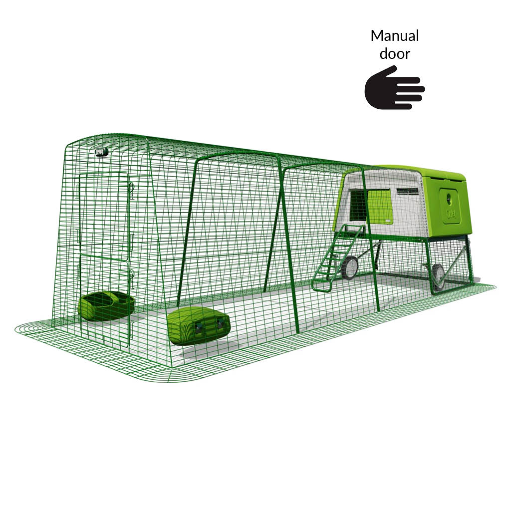 Green Eglu Cube chicken coop with wheels and manual door plus 4m run